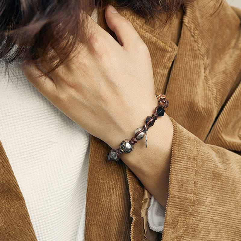 Pulsera trenzada hecha a mano con cuerda de transporte de obsidiana y plata de ley 925 con Buddha Stones retro