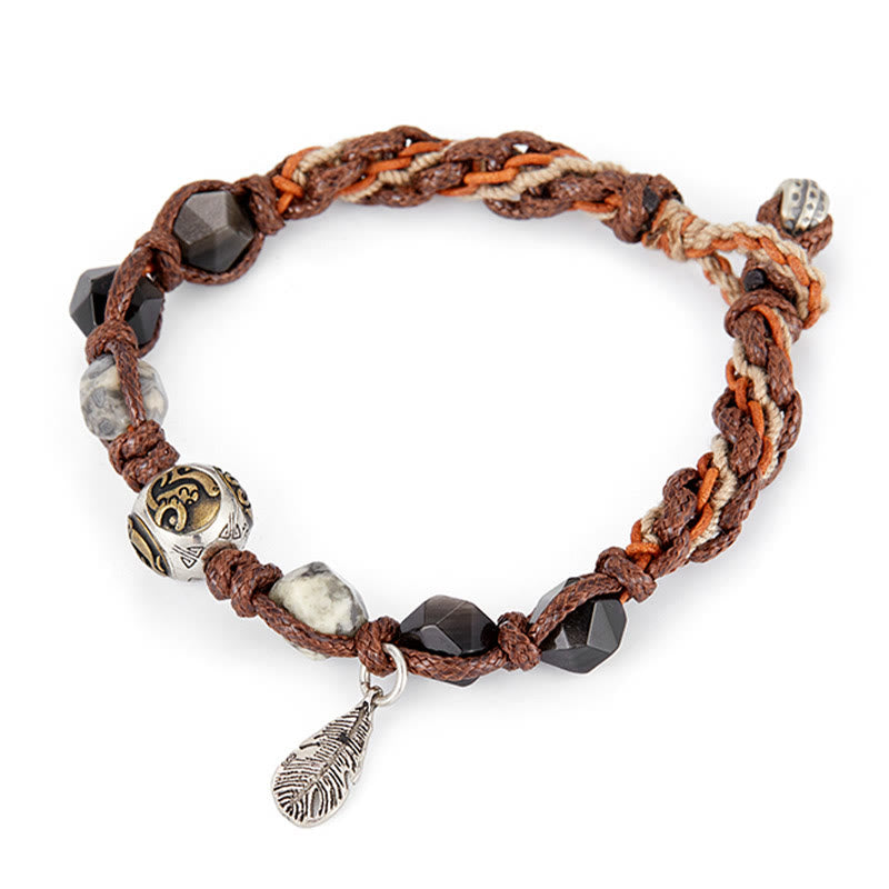 Pulsera trenzada hecha a mano con cuerda de transporte de obsidiana y plata de ley 925 con Buddha Stones retro