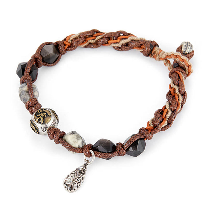 Pulsera trenzada hecha a mano con cuerda de transporte de obsidiana y plata de ley 925 con Buddha Stones retro