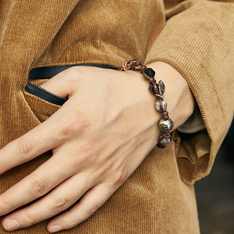 Pulsera trenzada hecha a mano con cuerda de transporte de obsidiana y plata de ley 925 con Buddha Stones retro