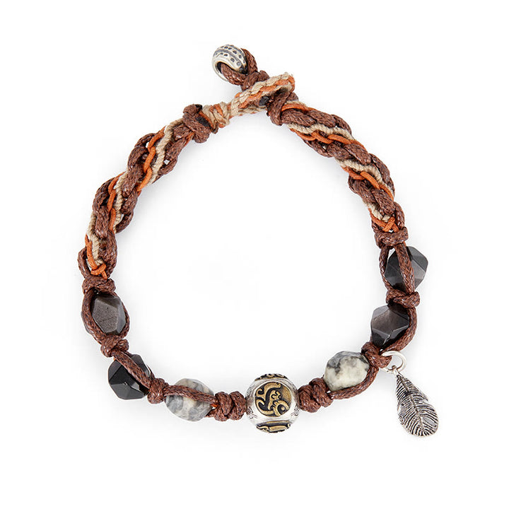 Pulsera trenzada hecha a mano con cuerda de transporte de obsidiana y plata de ley 925 con Buddha Stones retro