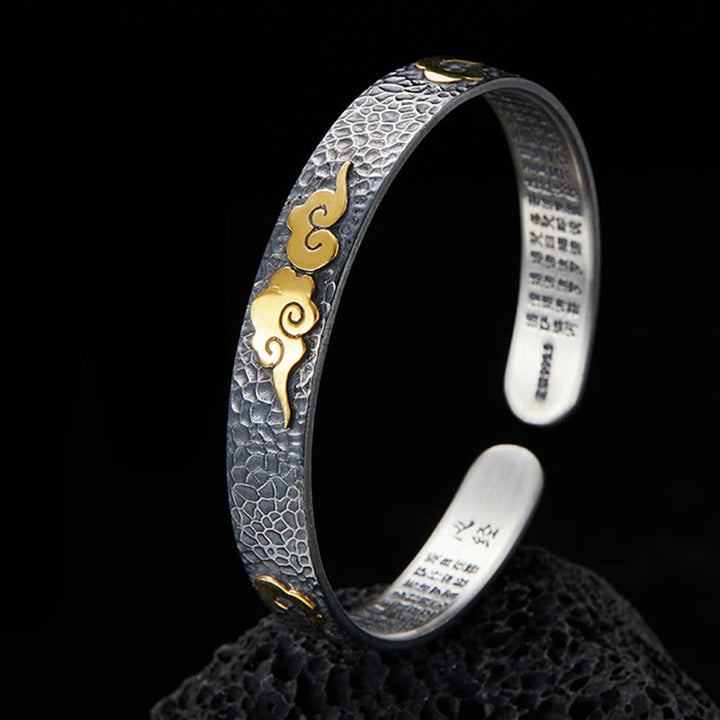 Brazalete brazalete de plata de ley 999 con diseño retro de Buddha Stones, corazón, sutra, nube auspiciosa y riqueza