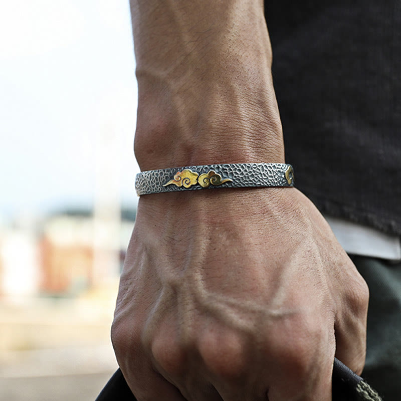 Brazalete brazalete de plata de ley 999 con diseño retro de Buddha Stones, corazón, sutra, nube auspiciosa y riqueza
