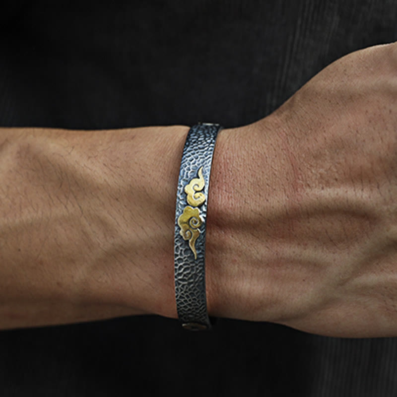 Brazalete brazalete de plata de ley 999 con diseño retro de Buddha Stones, corazón, sutra, nube auspiciosa y riqueza
