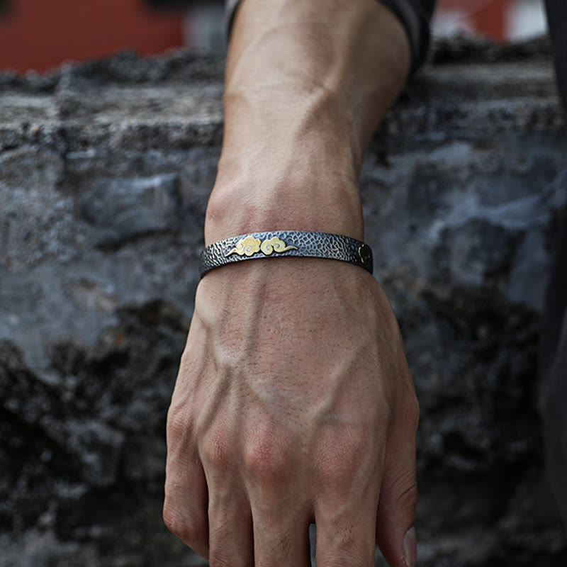 Brazalete brazalete de plata de ley 999 con diseño retro de Buddha Stones, corazón, sutra, nube auspiciosa y riqueza