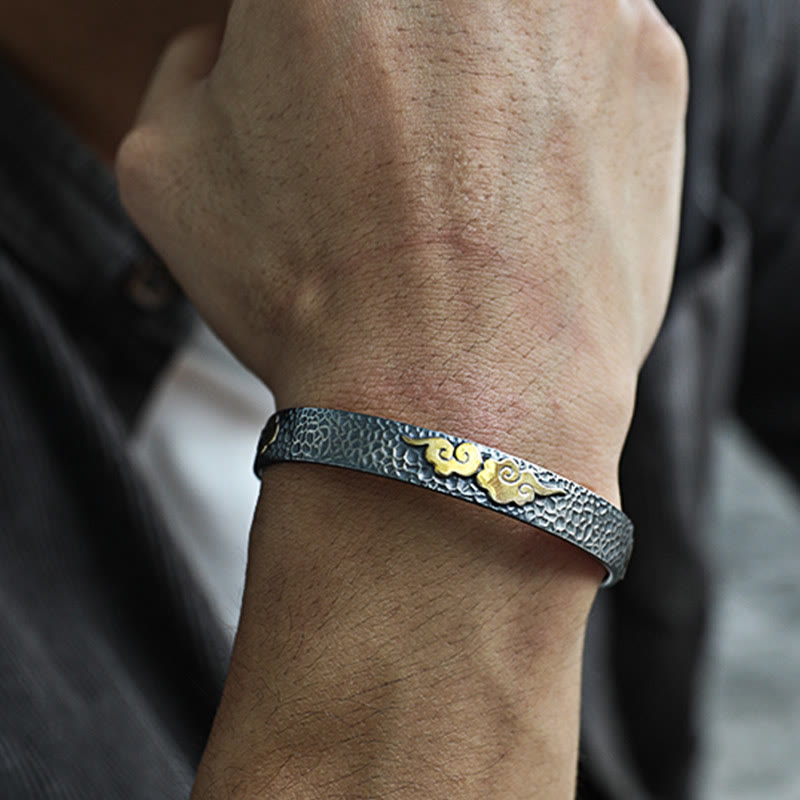 Brazalete brazalete de plata de ley 999 con diseño retro de Buddha Stones, corazón, sutra, nube auspiciosa y riqueza