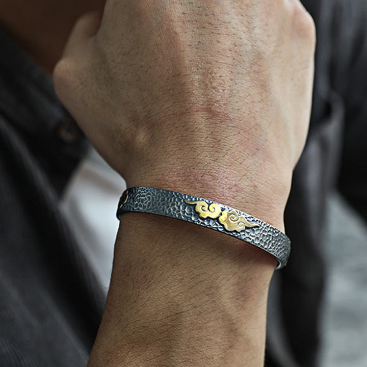 Brazalete brazalete de plata de ley 999 con diseño retro de Buddha Stones, corazón, sutra, nube auspiciosa y riqueza