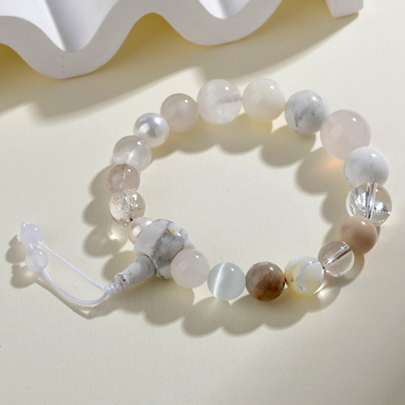 Pulsera de equilibrio de la suerte con 18 cuentas de ágata blanca y Buddha Stones