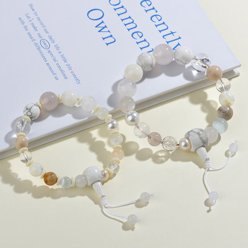Pulsera de equilibrio de la suerte con 18 cuentas de ágata blanca y Buddha Stones