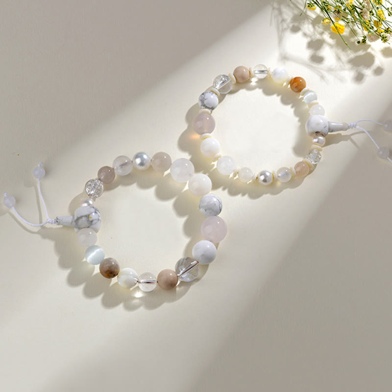 Pulsera de equilibrio de la suerte con 18 cuentas de ágata blanca y Buddha Stones