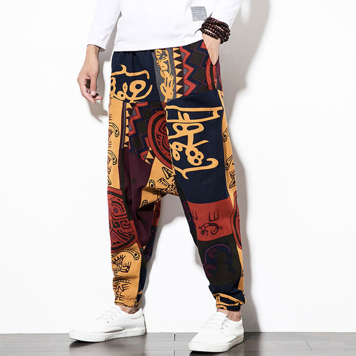 Pantalones harén de algodón para hombre con estampado de pájaros, grafiti, rojo y marrón, con Buddha Stones y bolsillos - image 5