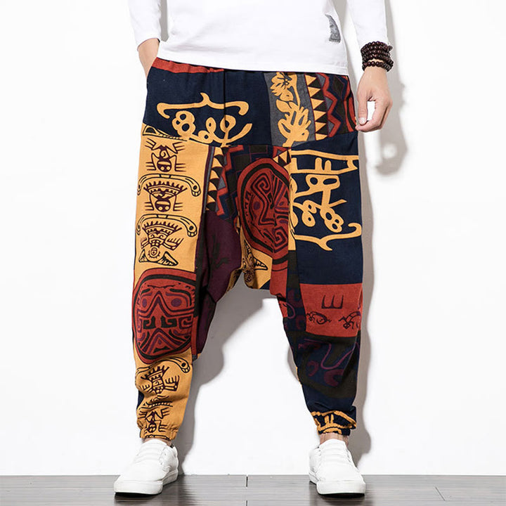Pantalones harén de algodón para hombre con estampado de pájaros, grafiti, rojo y marrón, con Buddha Stones y bolsillos - image 11
