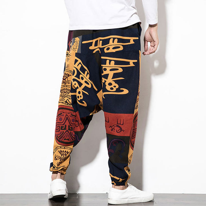 Pantalones harén de algodón para hombre con estampado de pájaros, grafiti, rojo y marrón, con Buddha Stones y bolsillos - image 3