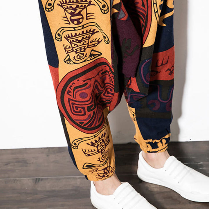 Pantalones harén de algodón para hombre con estampado de pájaros, grafiti, rojo y marrón, con Buddha Stones y bolsillos - image 10