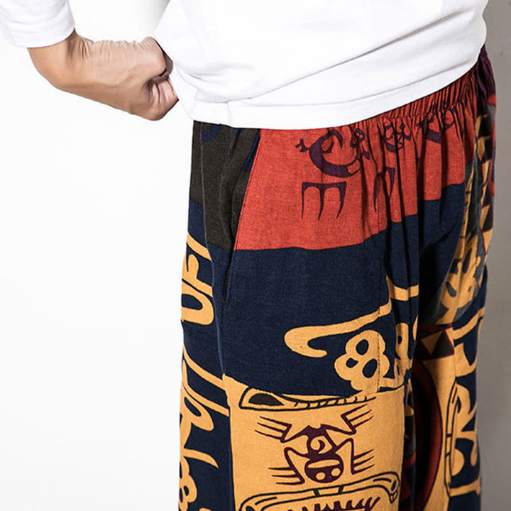 Pantalones harén de algodón para hombre con estampado de pájaros, grafiti, rojo y marrón, con Buddha Stones y bolsillos - image 8