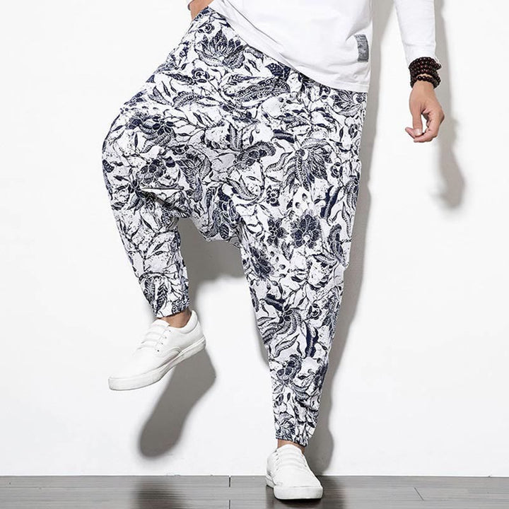 Pantalones harén largos de algodón con estampado de hojas, vides y Buddha Stones para hombre con bolsillos - image 7
