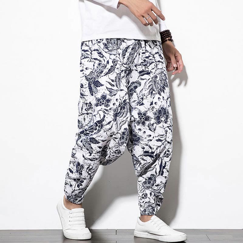 Pantalones harén largos de algodón con estampado de hojas, vides y Buddha Stones para hombre con bolsillos - image 4