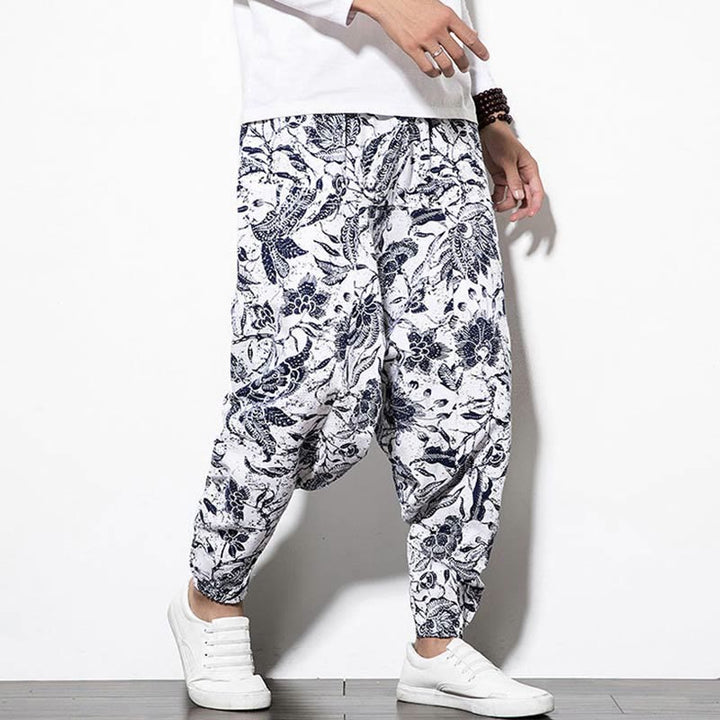 Pantalones harén largos de algodón con estampado de hojas, vides y Buddha Stones para hombre con bolsillos - image 4