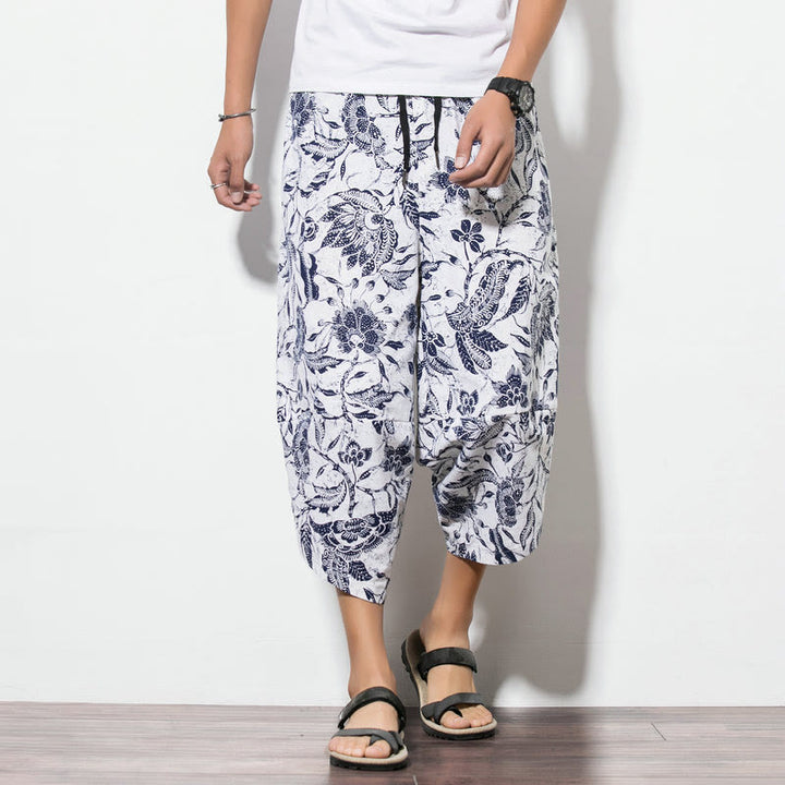 Pantalones harén largos de algodón con estampado de hojas, vides y Buddha Stones para hombre con bolsillos - image 10