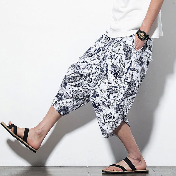 Pantalones harén largos de algodón con estampado de hojas, vides y Buddha Stones para hombre con bolsillos - image 18