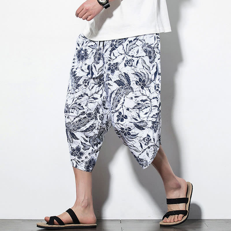 Pantalones harén largos de algodón con estampado de hojas, vides y Buddha Stones para hombre con bolsillos - Estilo recortado azul - US/UK/AU46, EU56 (5XL) - image 9