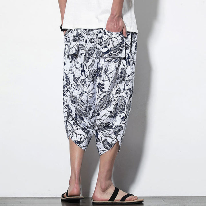 Pantalones harén largos de algodón con estampado de hojas, vides y Buddha Stones para hombre con bolsillos - image 11