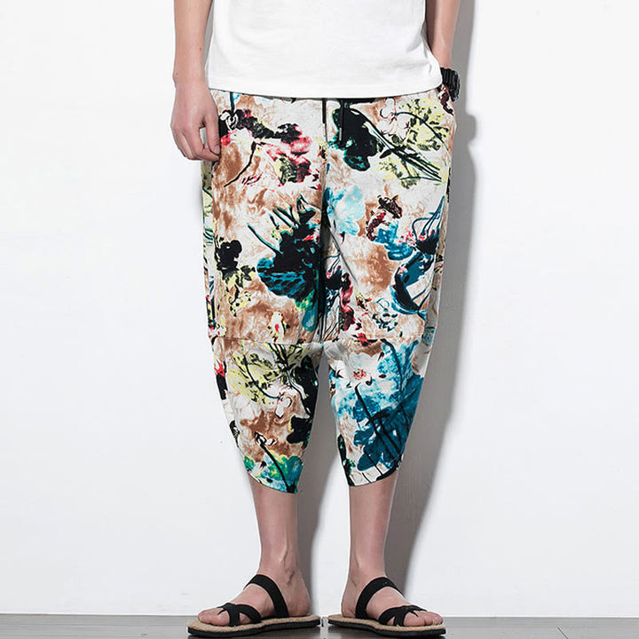 Pantalones harén largos de algodón con bolsillos para hombre con estampado de flores, hojas, Buddha Stones y pintura en marrón y azul