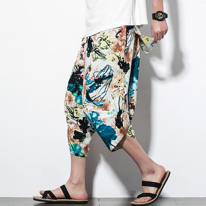 Pantalones harén largos de algodón con bolsillos para hombre con estampado de flores, hojas, Buddha Stones y pintura en marrón y azul - Estilo recortado SandyBrown Blue - US/UK/AU46, EU56 (5XL) - image 9