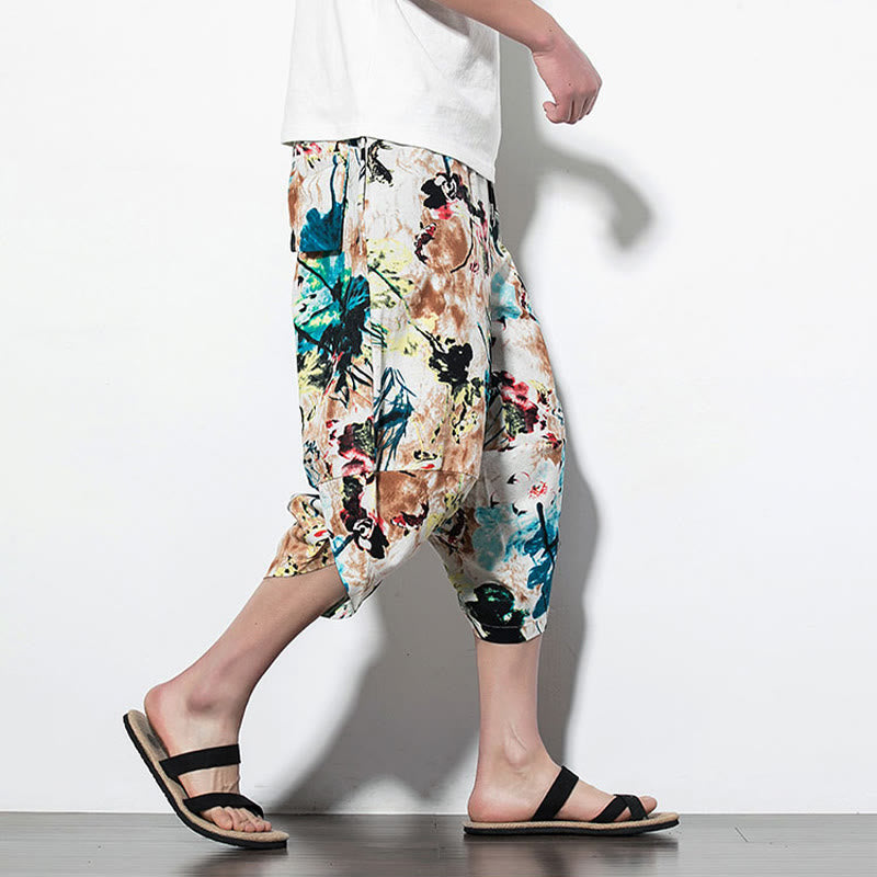 Pantalones harén largos de algodón con bolsillos para hombre con estampado de flores, hojas, Buddha Stones y pintura en marrón y azul - image 16