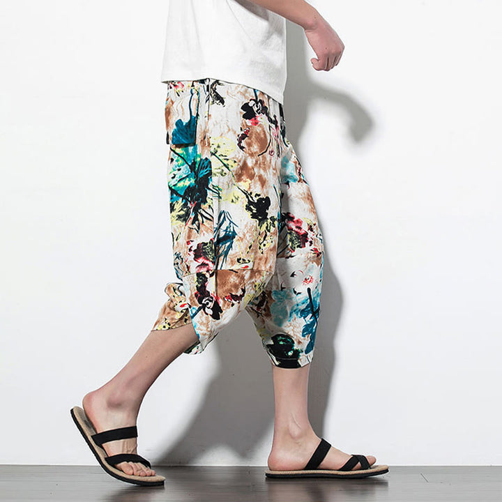 Pantalones harén largos de algodón con bolsillos para hombre con estampado de flores, hojas, Buddha Stones y pintura en marrón y azul - image 16
