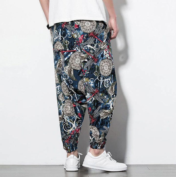Pantalones harén de algodón para hombre con bolsillos y estampado de diente de león, libélula roja y Buddha Stones - image 2