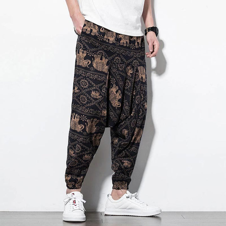 Pantalones harén largos de algodón con bolsillos para hombre, estampado de elefantes , Buddha Stones , marrón y negro - image 4