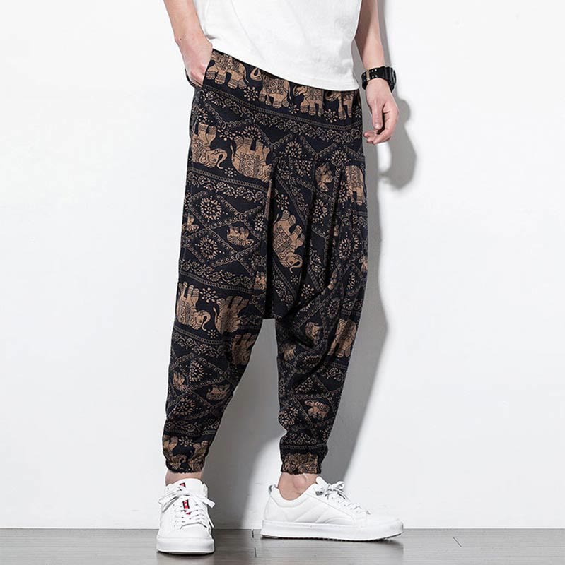 Pantalones harén largos de algodón con bolsillos para hombre, estampado de elefantes , Buddha Stones , marrón y negro - image 5