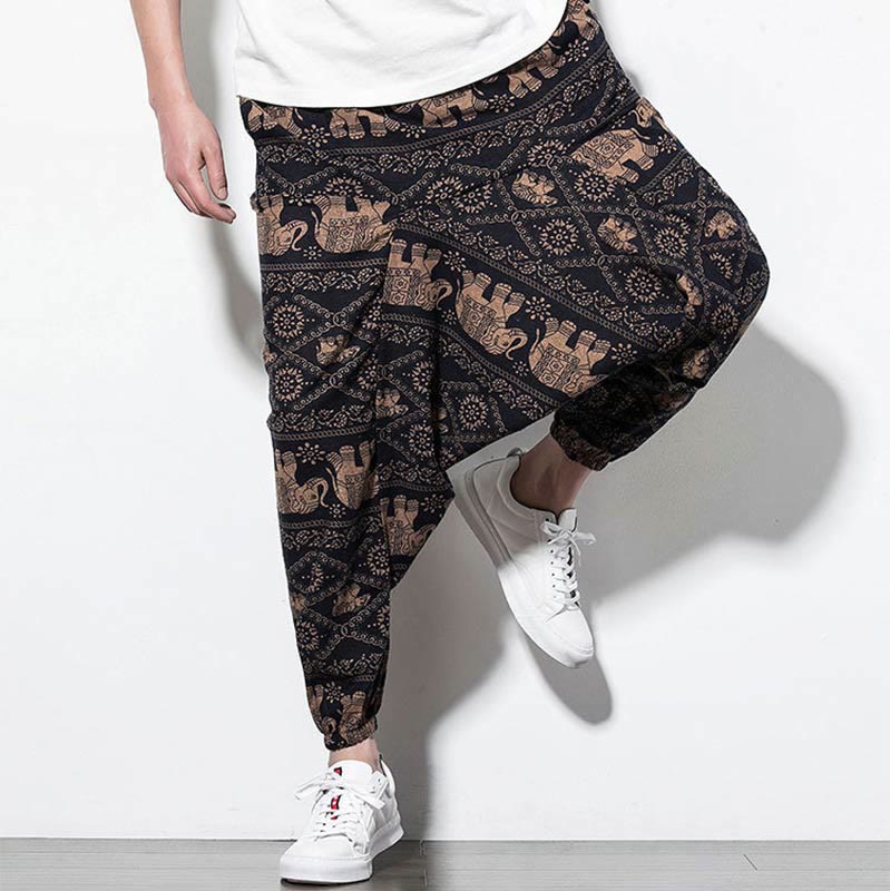 Pantalones harén largos de algodón con bolsillos para hombre, estampado de elefantes , Buddha Stones , marrón y negro - image 6