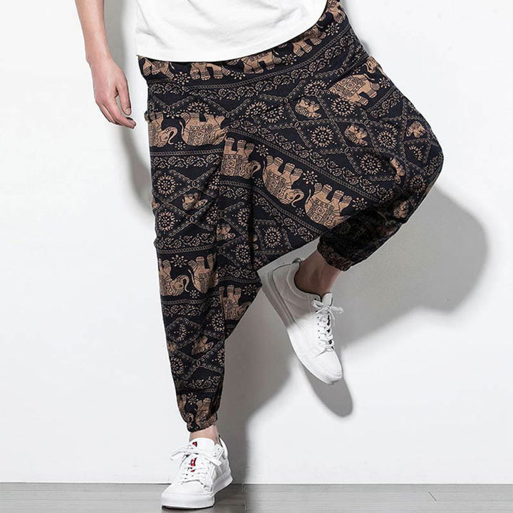 Pantalones harén largos de algodón con bolsillos para hombre, estampado de elefantes , Buddha Stones , marrón y negro - image 6