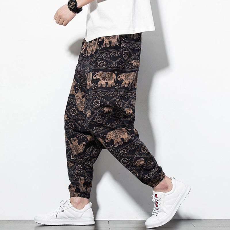 Pantalones harén largos de algodón con bolsillos para hombre, estampado de elefantes , Buddha Stones , marrón y negro - image 7