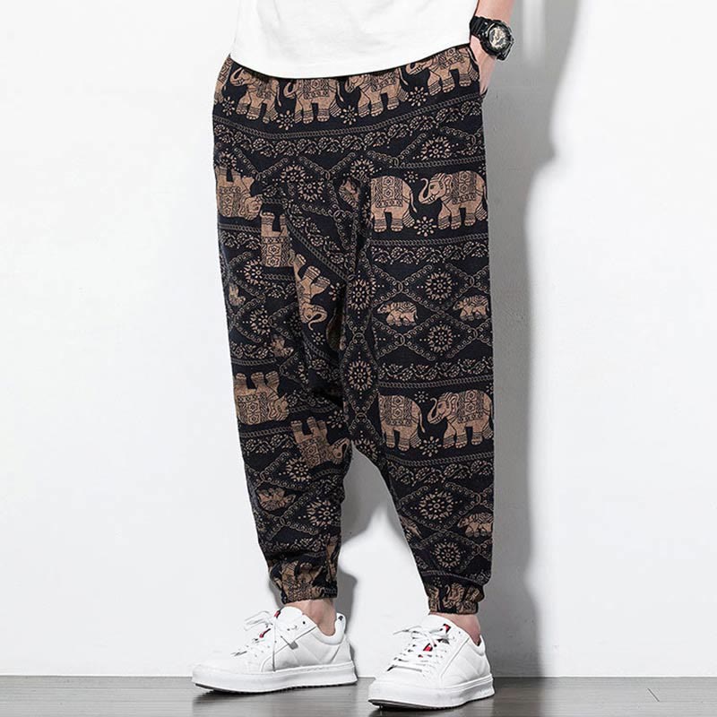 Pantalones harén largos de algodón con bolsillos para hombre, estampado de elefantes , Buddha Stones , marrón y negro - image 5