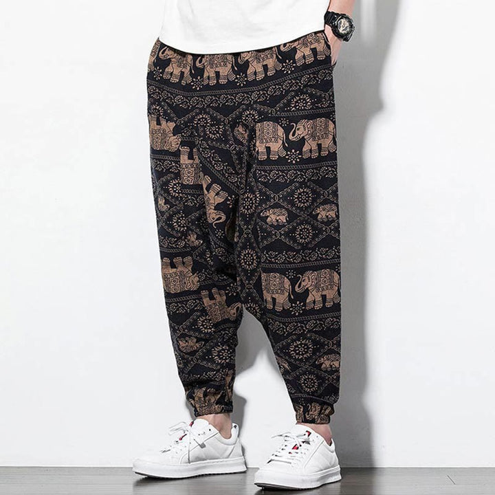 Pantalones harén largos de algodón con bolsillos para hombre, estampado de elefantes , Buddha Stones , marrón y negro - image 5