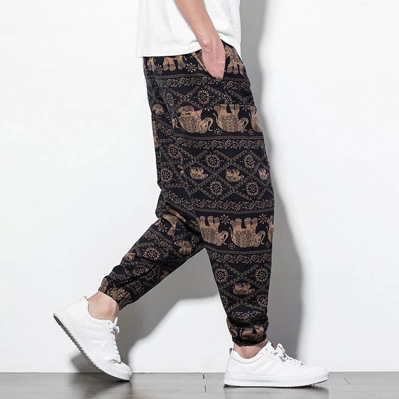 Pantalones harén largos de algodón con bolsillos para hombre, estampado de elefantes , Buddha Stones , marrón y negro - image 3
