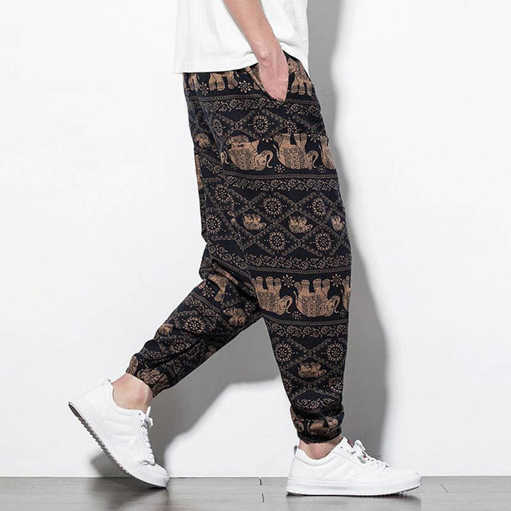Pantalones harén largos de algodón con bolsillos para hombre, estampado de elefantes , Buddha Stones , marrón y negro - image 3