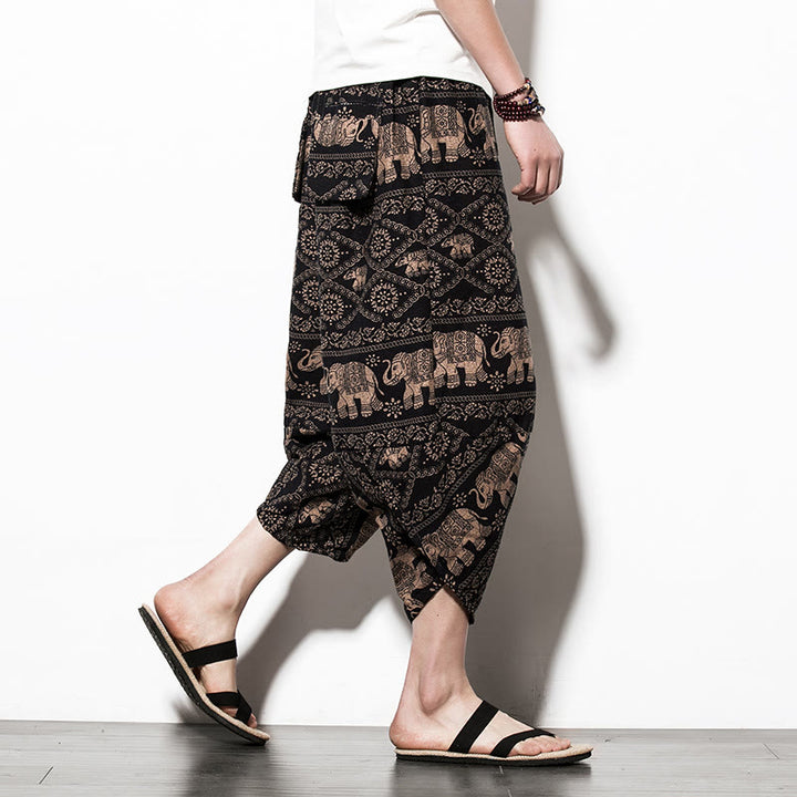 Pantalones harén largos de algodón con bolsillos para hombre, estampado de elefantes , Buddha Stones , marrón y negro - Elefante de estilo recortado - US/UK/AU46, EU56 (5XL) - image 8