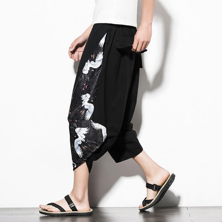 Pantalones harén cortos de algodón con estampado de grullas blancas y Buddha Stones para hombre con bolsillos - Negro - US/UK/AU46, EU56 (5XL)  - image 0