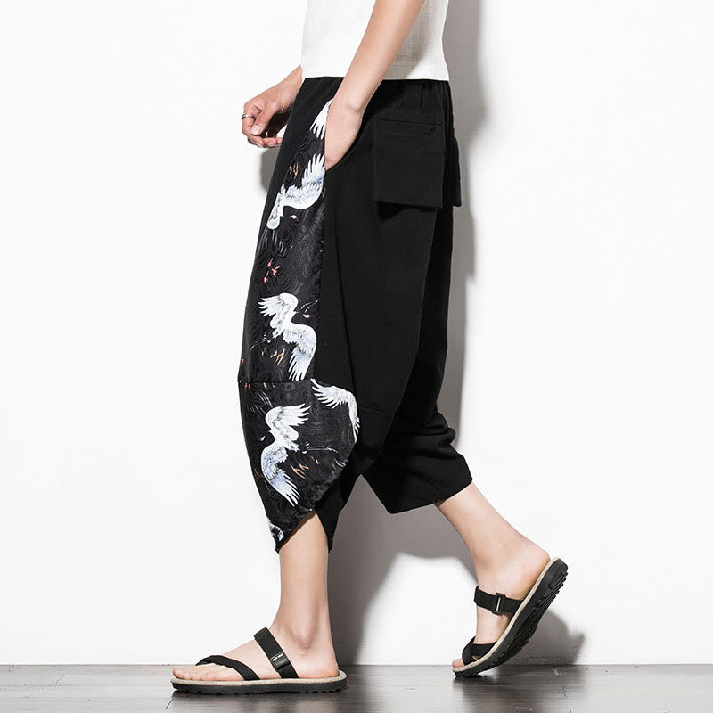 Pantalones harén cortos de algodón con estampado de grullas blancas y Buddha Stones para hombre con bolsillos - image 4