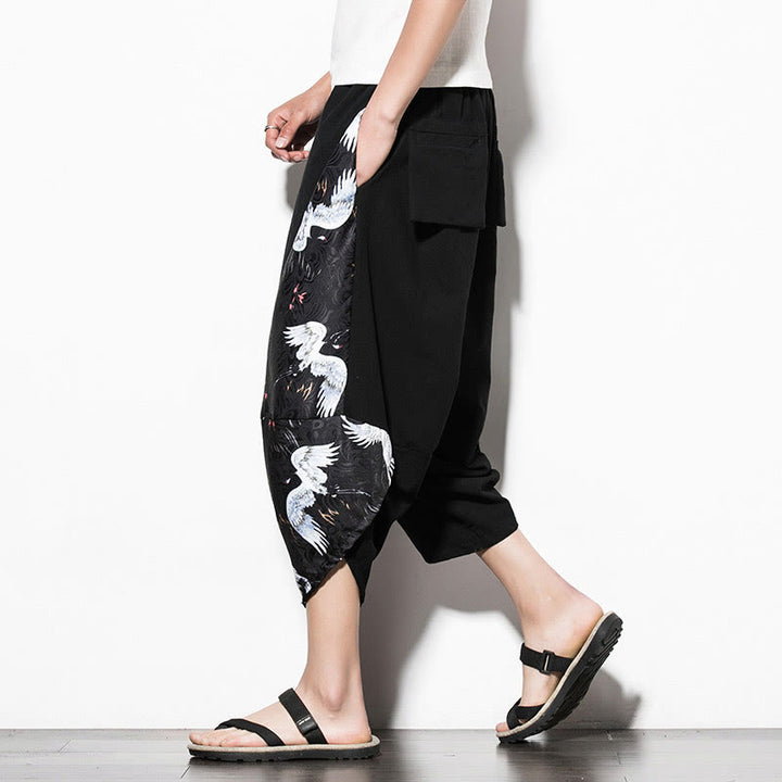 Pantalones harén cortos de algodón con estampado de grullas blancas y Buddha Stones para hombre con bolsillos - image 4