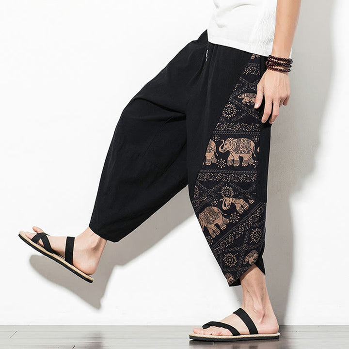 Pantalones harén cortos de algodón con estampado de elefante marrón y Buddha Stones para hombre con bolsillos - image 7