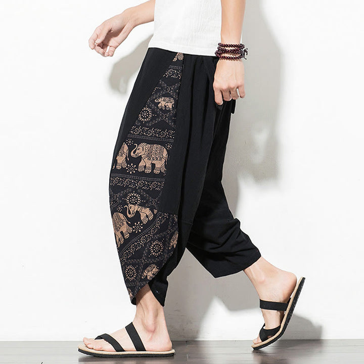 Pantalones harén cortos de algodón con estampado de elefante marrón y Buddha Stones para hombre con bolsillos - image 5