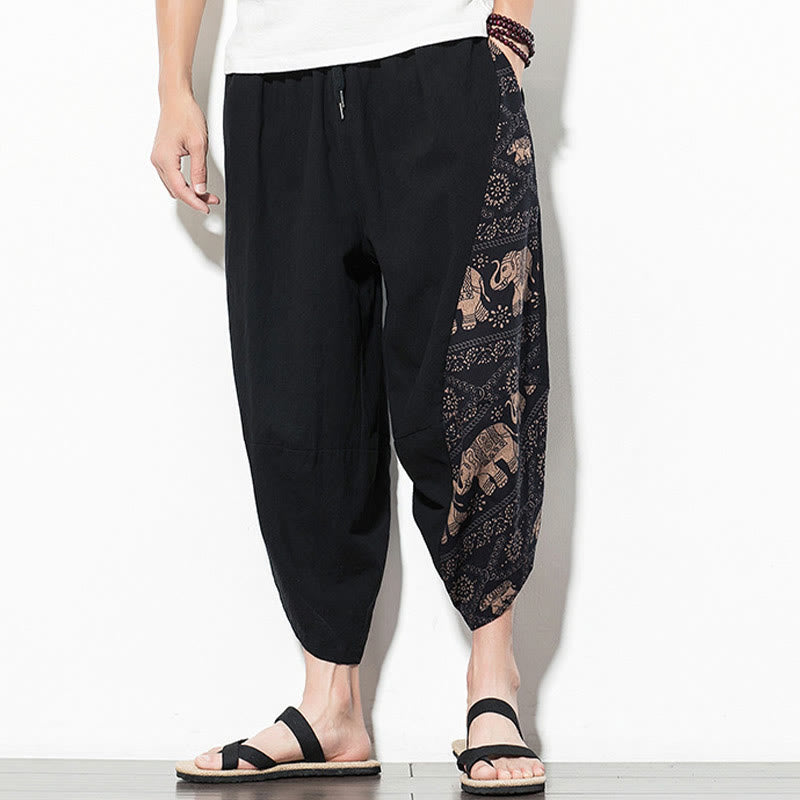 Pantalones harén cortos de algodón con estampado de elefante marrón y Buddha Stones para hombre con bolsillos - image 1