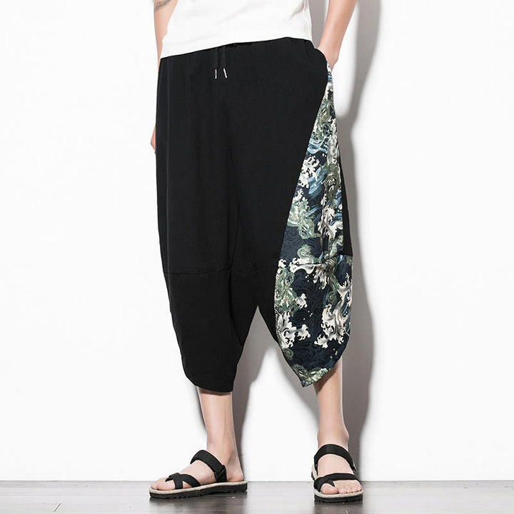 Pantalones harén cortos de algodón con estampado de ondas verdes y Buddha Stones para hombre con bolsillos - image 6