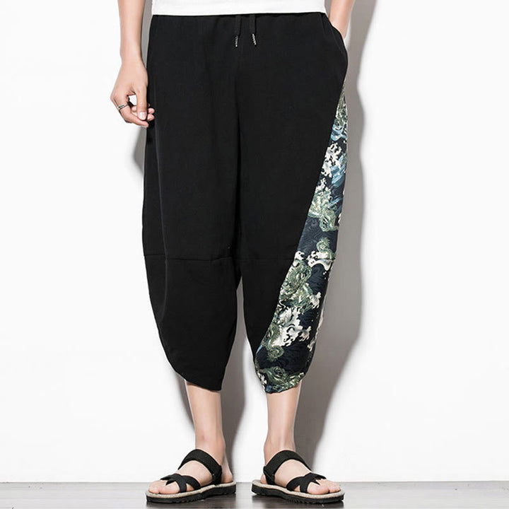 Pantalones harén cortos de algodón con estampado de ondas verdes y Buddha Stones para hombre con bolsillos - image 1