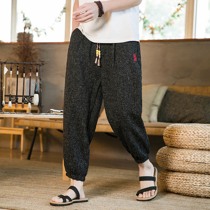 Pantalones harén de algodón con cordón y bolsillos para hombre con Buddha Stones